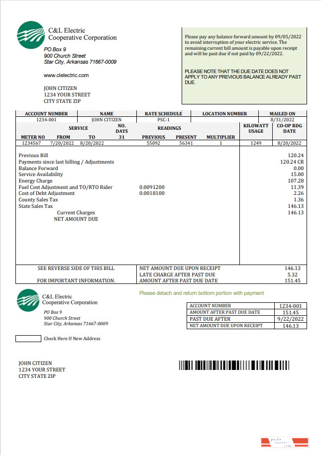USA Arkansas C & L Electric Cooperative Corporation utility bill template in Word and PDF format